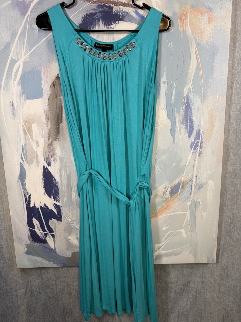 Lane Bryant Turquoise Teal Sleeveless midi Dress 18/20 Beaded Neckline Tie Waist